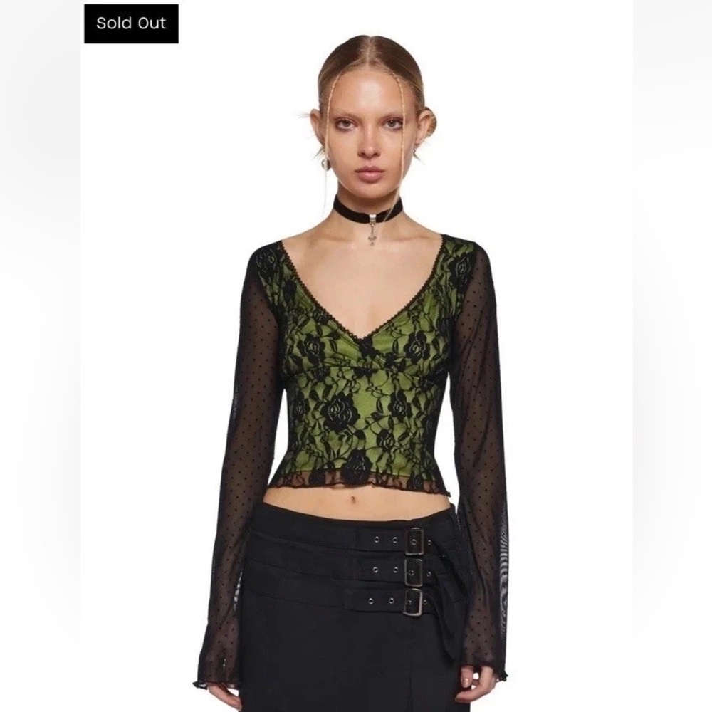 Dolls Kill dELiA*s XS Blouse Top Y2K Green Black NWT Whimsigoth Fairy Lace Sexy